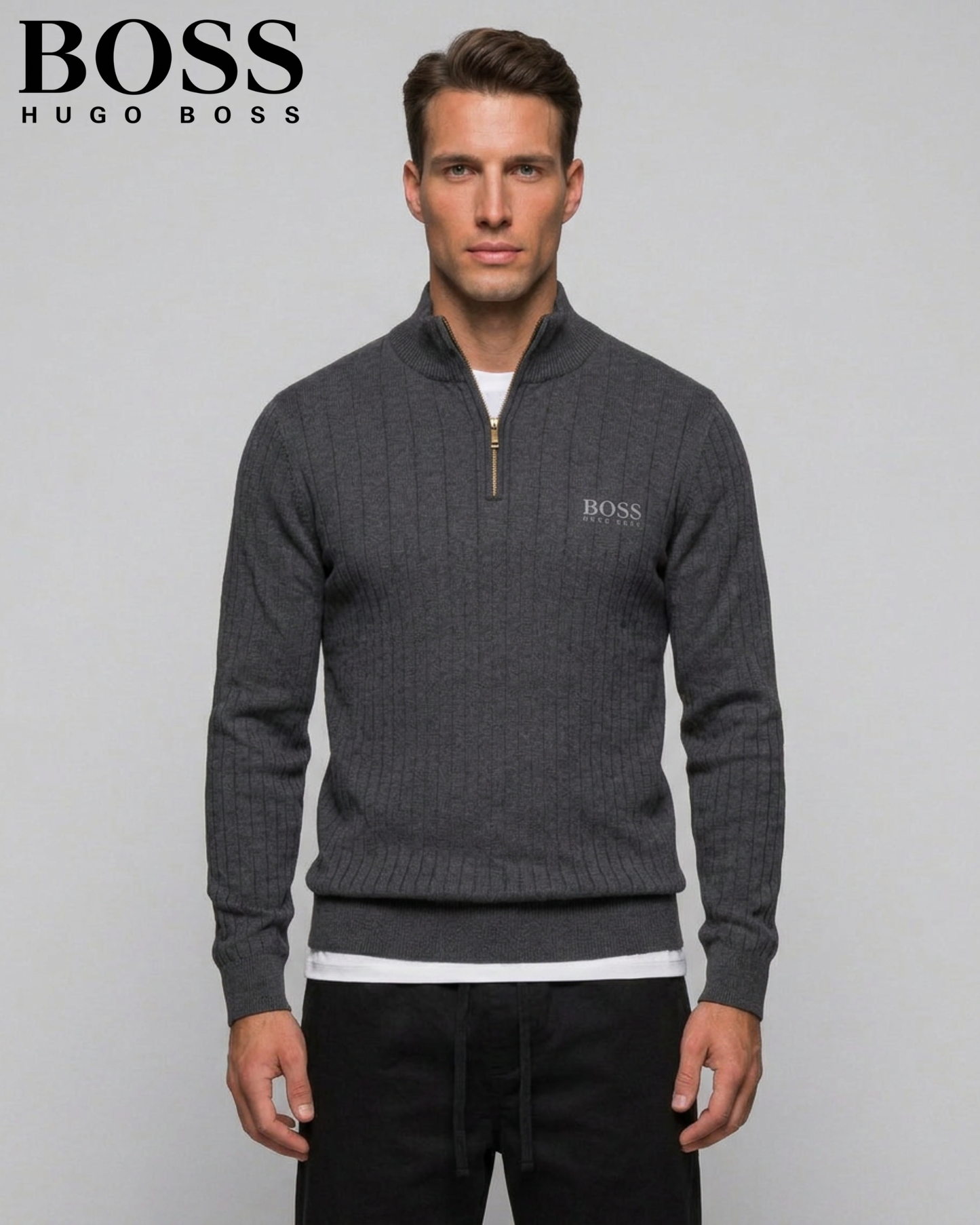 BOSS™ Vertical Ribbed Zip-Neck Sweater