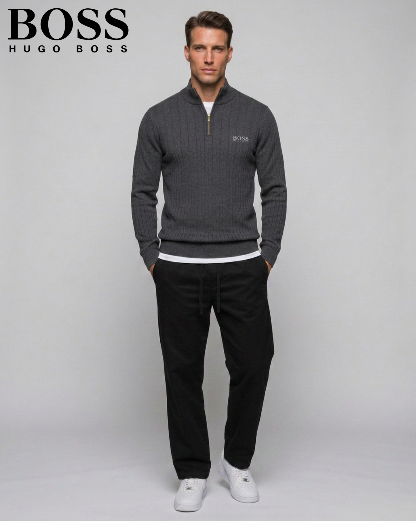BOSS™ Vertical Ribbed Zip-Neck Sweater