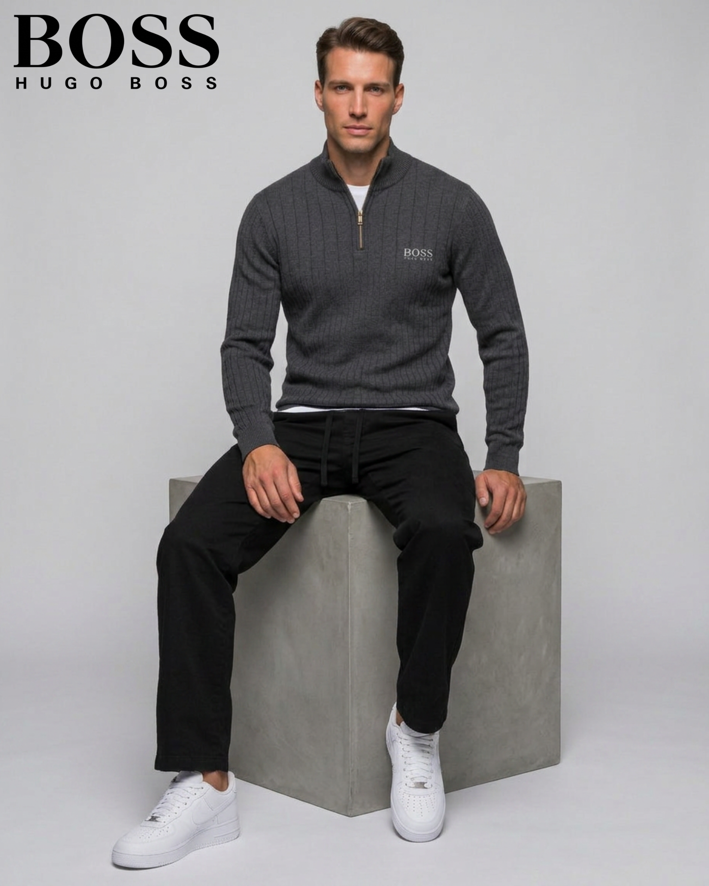BOSS™ Vertical Ribbed Zip-Neck Sweater