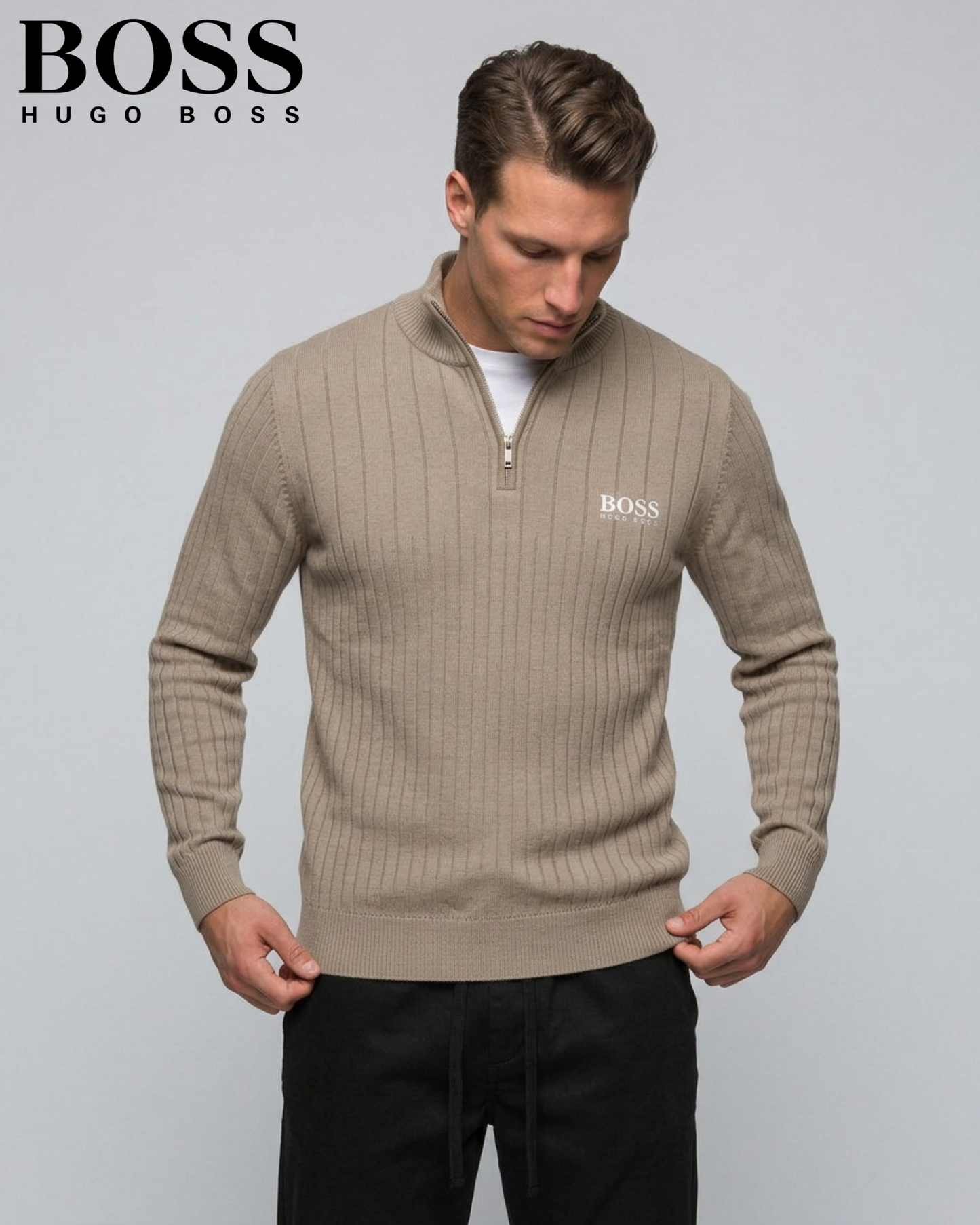 BOSS™ Vertical Ribbed Zip-Neck Sweater
