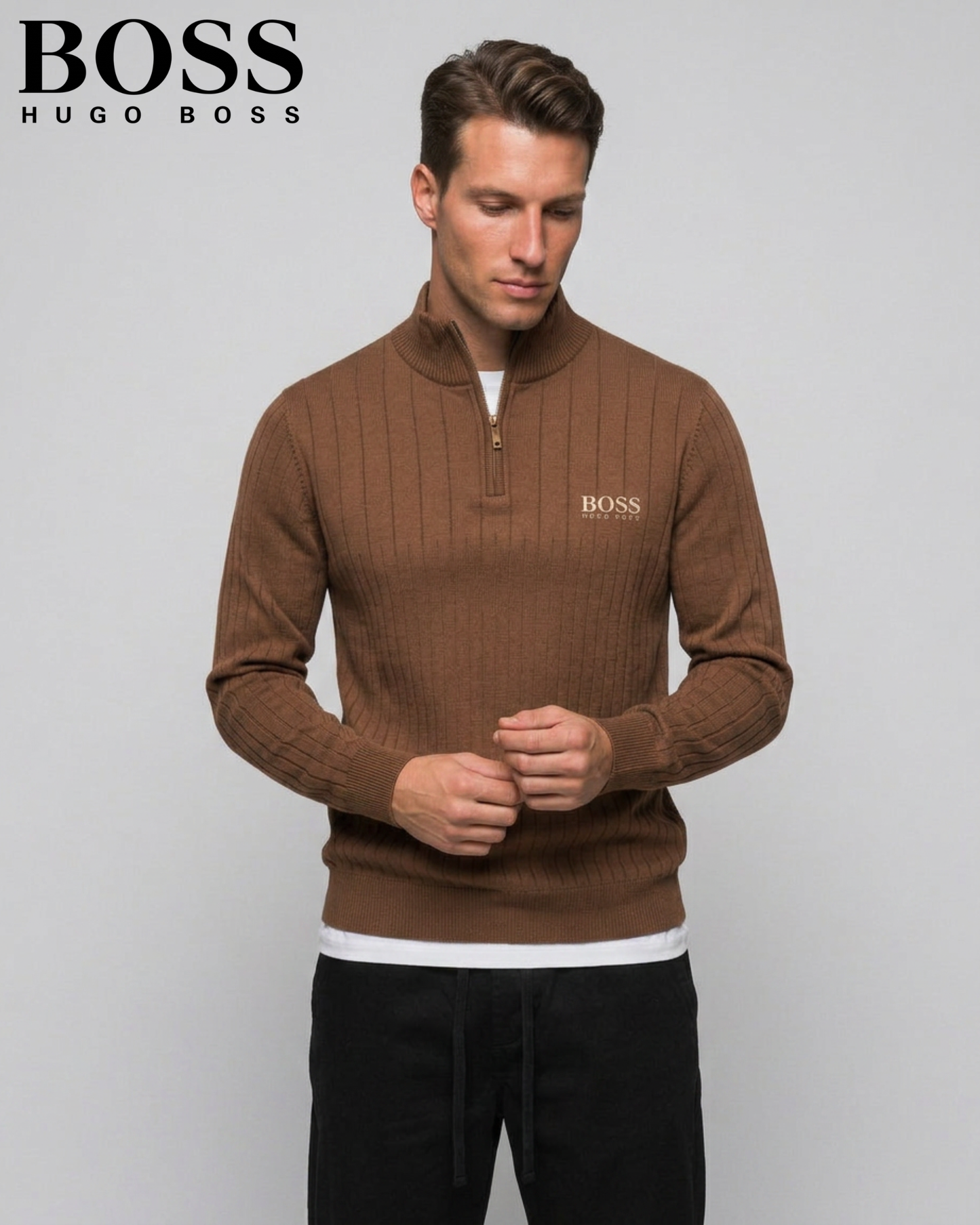 BOSS™ Vertical Ribbed Zip-Neck Sweater