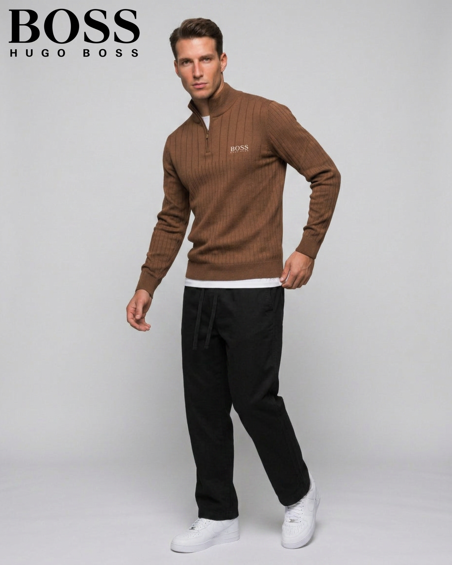 BOSS™ Vertical Ribbed Zip-Neck Sweater